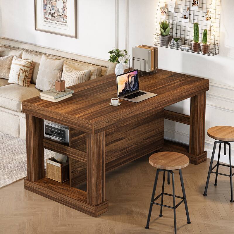 55 Inch Bar Table with Storage Shelves, Counter Height Pub Table, High Top Table for Home Bar, Bistro, Dining Room, Living Room