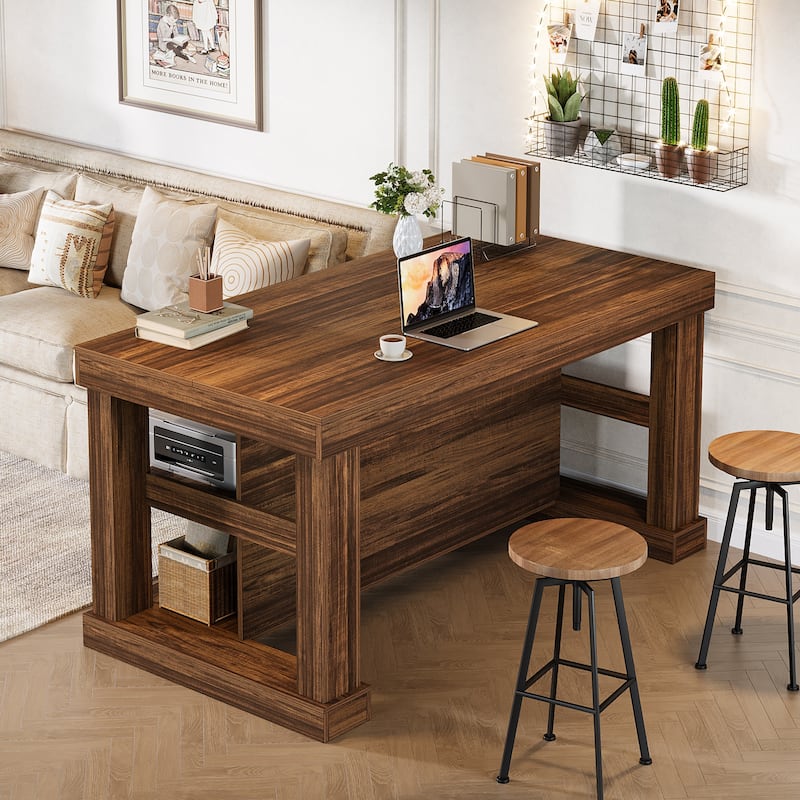 55-Inch Large Home Bar Unit, 3-Tier Pub Table with Storage Shelves - N/A