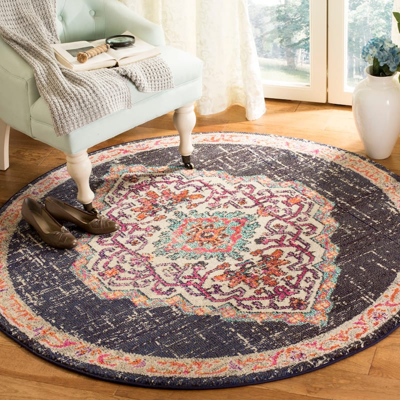 SAFAVIEH Monaco Neola Boho Medallion Distressed Rug - 5' Round - Black/Blue