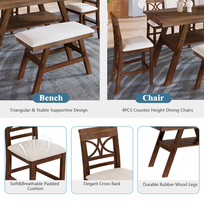 6-Piece Rustic Dining Set with Storage Shelf, Bench & 4 Chairs