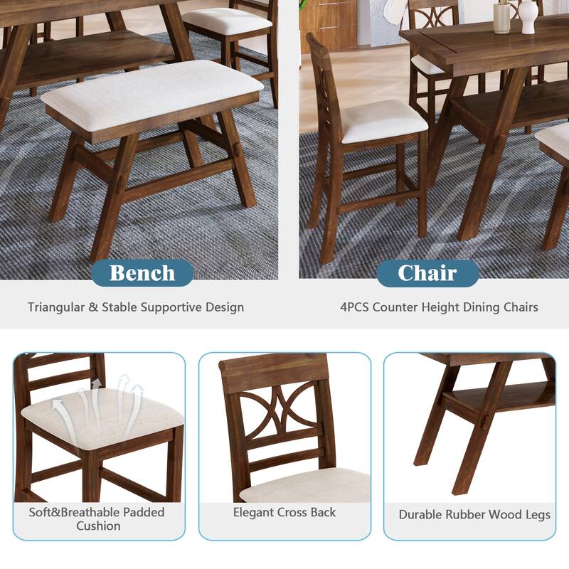 Counter Height 6-Piece Dining Set with Storage Shelf - Wood Table, Bench, and 4 Upholstered Chairs for Kitchen or Dining Room