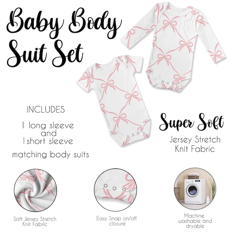 Sweet Jojo Designs Pink Bows Girl 0-6M Baby Clothes Bodysuits 2 Pack Set - Elegant Bow for Ballerina Ballet Dancer Collection
