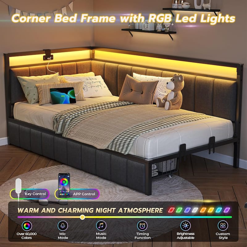 Daybed with 2 Drawers Platform Bed Frame LED Light Charging Station