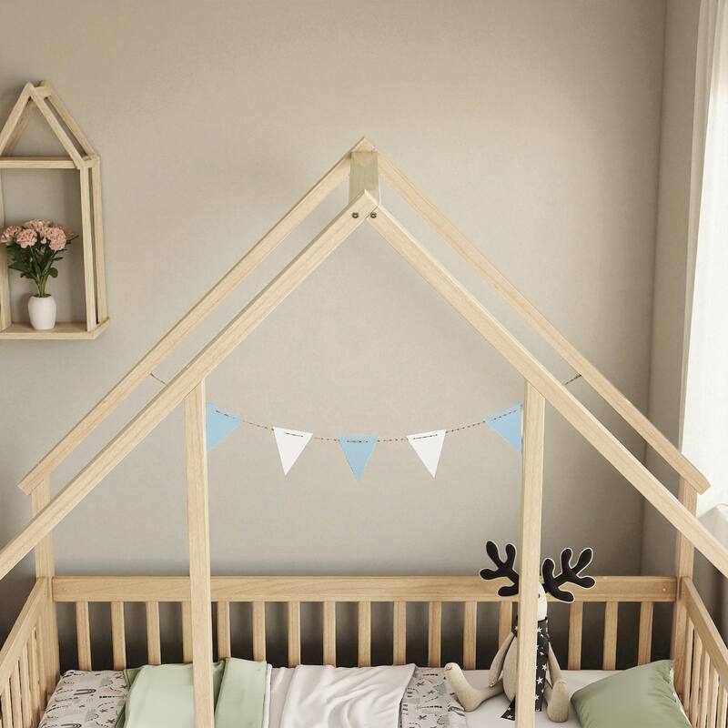 Twin/Full Size Wooden House-Shaped Floor Bed with Fence and Guardrails, Kids Montessori Bed with Roof Frame