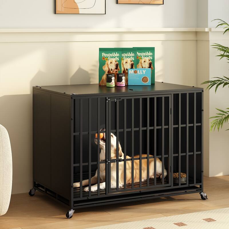 BOSSIN 48/42 inch Heavy Duty Steel Dog Crate Kennel with Wheels, Escape-Proof, Removable Tray for Large Dogs, Black