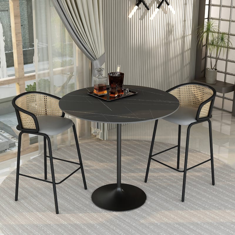 LeisureMod Verve 48" Round Dining Table with Sintered Stone TableTop and Black Steel Base for Kitchen & Dining Room
