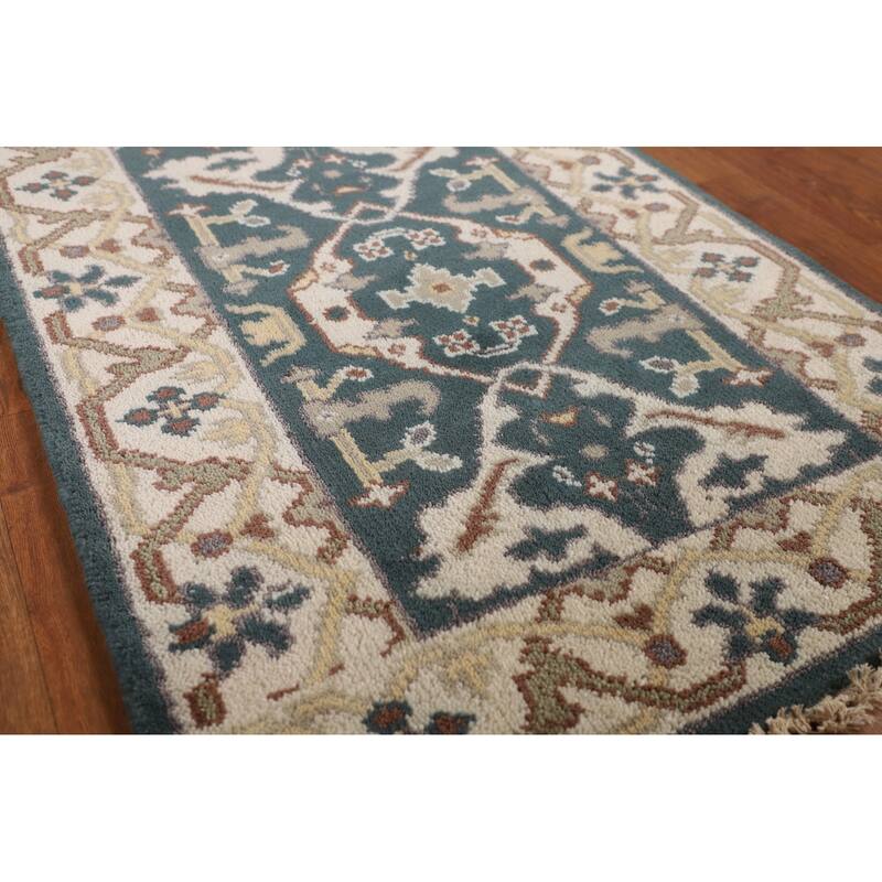 Green & Ivory Oushak Oriental Runner Rug Handmade Wool Carpet - 2'7"x 10'0"