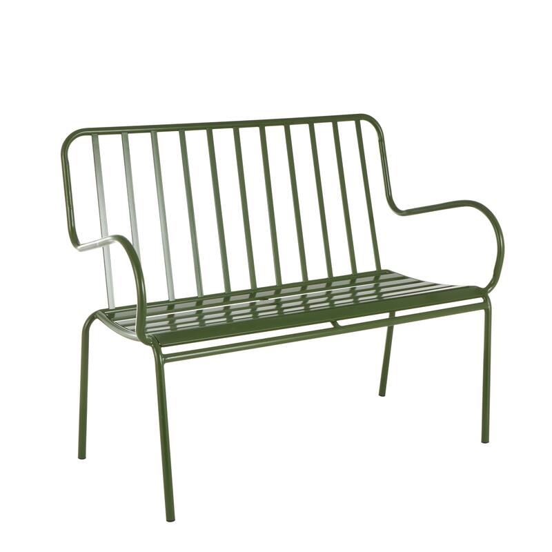 Green Metal Slatted Patio Outdoor Bench with Curved Armrests