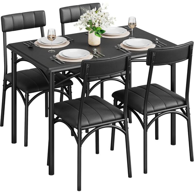 5-Piece Dining Table Set with 4 Upholstered Chairs, Metal and Wood Table for Kitchen or Apartment