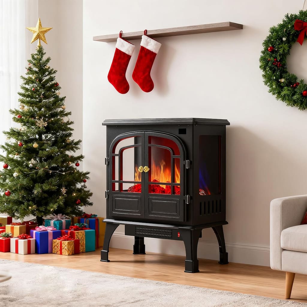 26Inch Electric Fireplace Stove , Free-Standing Infrared Fireplace Stove, Controllable 3D Flame, 1500w, 5000BTU - double door