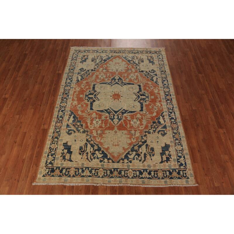 Orange & Blue Heriz Serapi Vegetable Dye Rug Hand-Knotted Wool Carpet - 5'5"x 7'7"