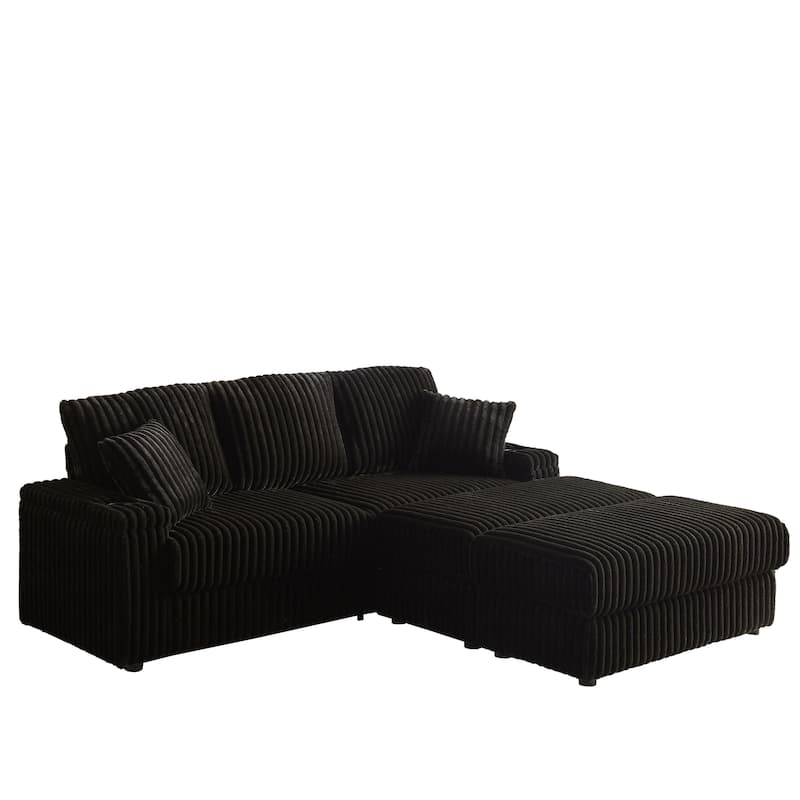 84Inch Corduroy Sofa with 3 Back Pillows,2 Toss Pillows,2 Ottoman,2 Footstool Storage and Cup-Holding Grooves Comfy Sofa