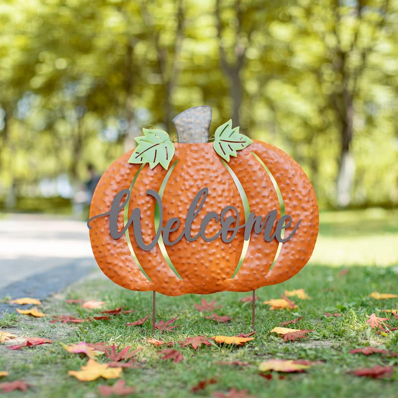 Glitzhome Fall Oversized Metal Pumpkin Yard Stake / Wall Decor / Standing Sign (Three Function) - 29.75"H