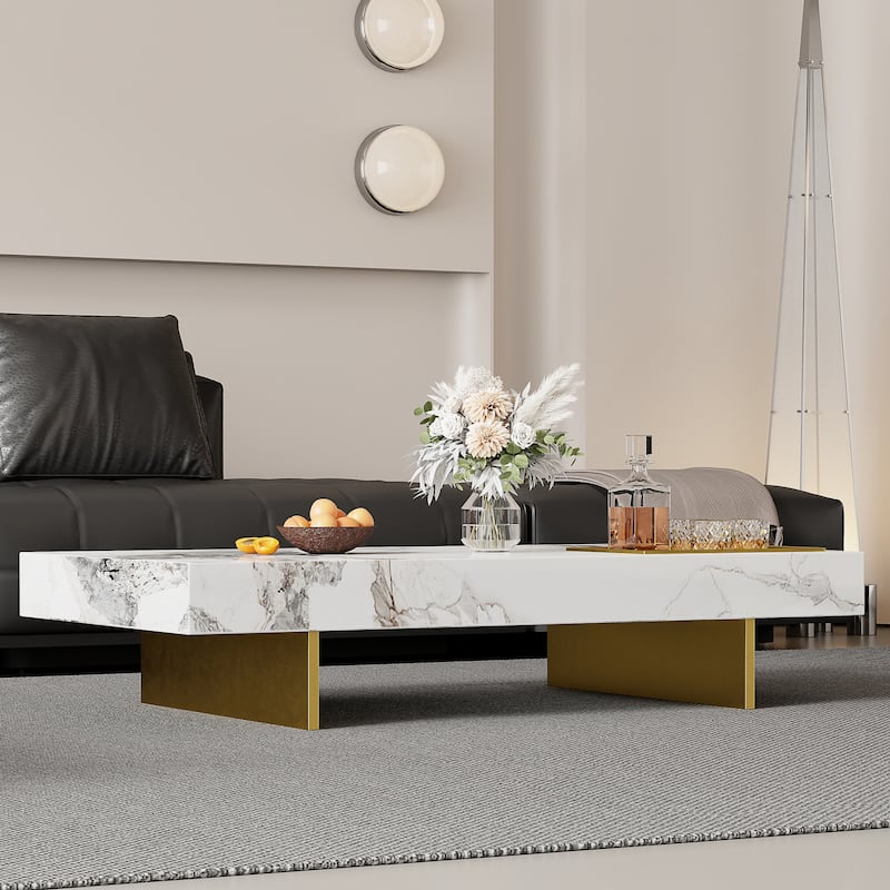 Modern 42" Faux Marble Square Coffee Table，Glossy Sintered Stone Tabletop