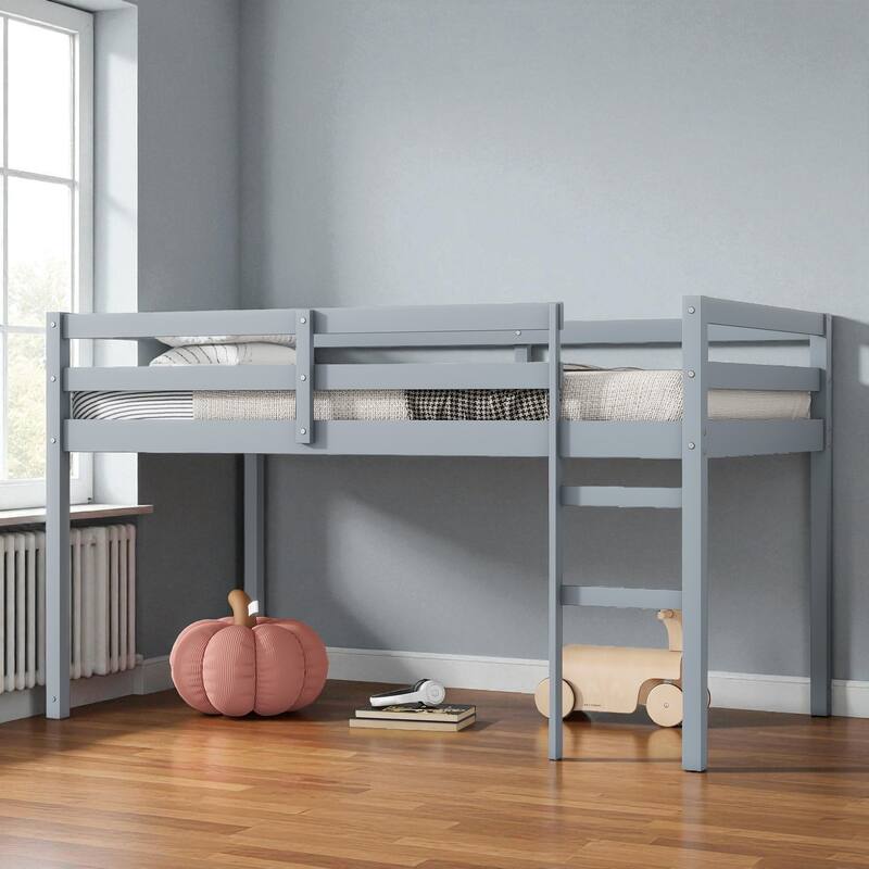 Solid Wood Twin Loft Bed with Ladder, Rubber Wood Frame Low Height Design with Guard Rails and Storage Space