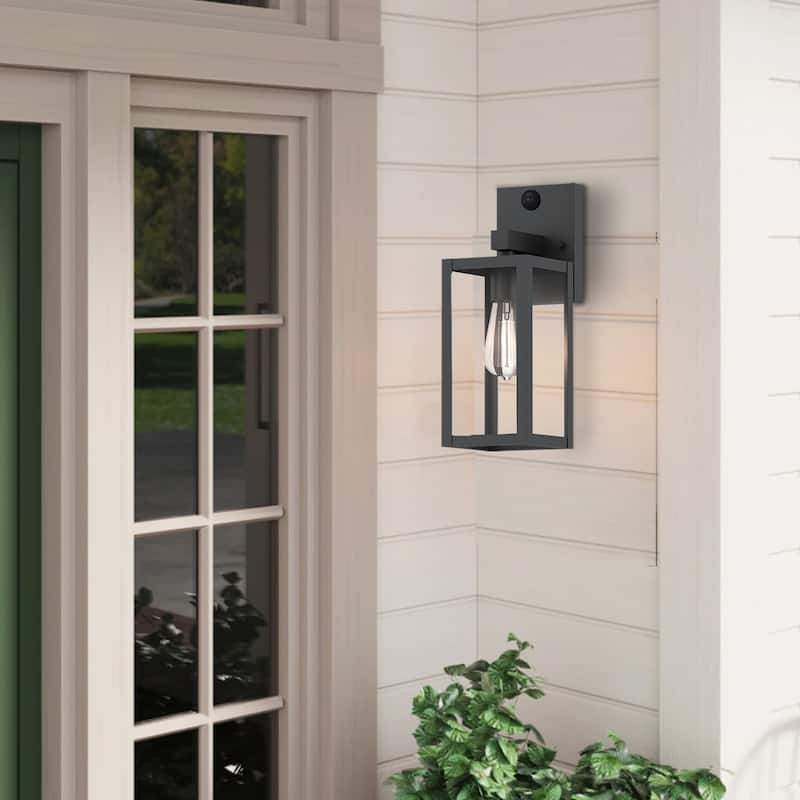 1-Light 14.02" Outdoor Wall Lights Motion Sensor Dusk to Dawn with Matte Black Finish and Clear Glass Shade