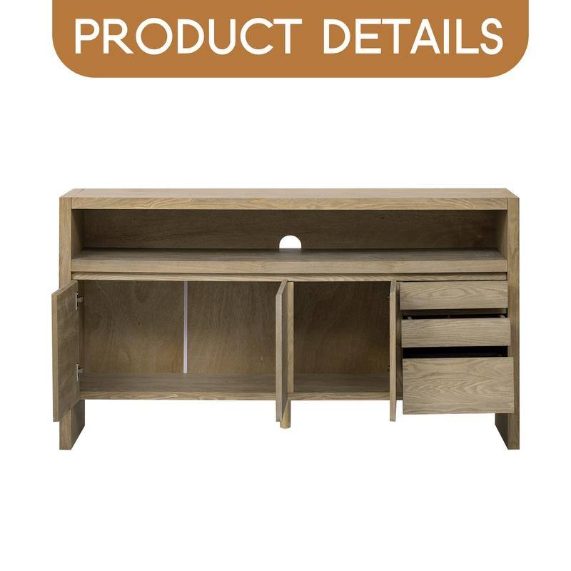 60" 3-Door Sideboard with 3 Drawers - Modern Solid Ash Veneer MDF Sideboard, Semi-Open Shelf & Center Semi-Circular Cutout