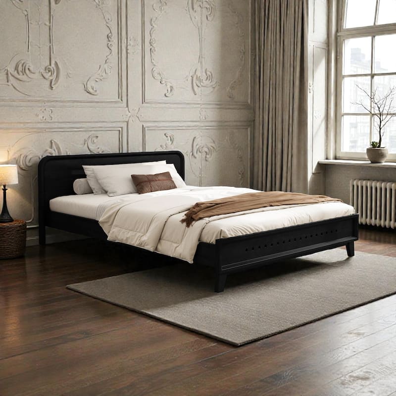 Modern Solid Wood Platform Bed, Pine Wood Queen/King Bed Frame with Slats, Stable No Box Spring