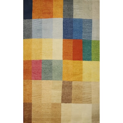 Hand Knotted Oriental 100% Wool Carpet Modern Geometric Multi-Colored Gabbeh Area Rug - 6' 5'' X 4' 6''