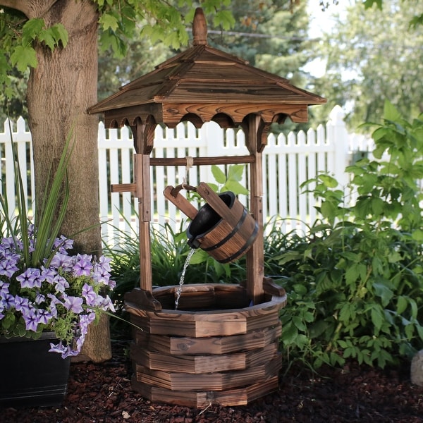 Old-Fashioned Wood Wishing Well Outdoor Water Fountain Feature - 48"