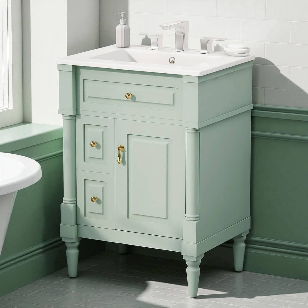 24" Freestanding Bathroom Vanity with Ceramic Sink, Solid Rubberwood Frame, Flip Drawer & Adjustable Shelf