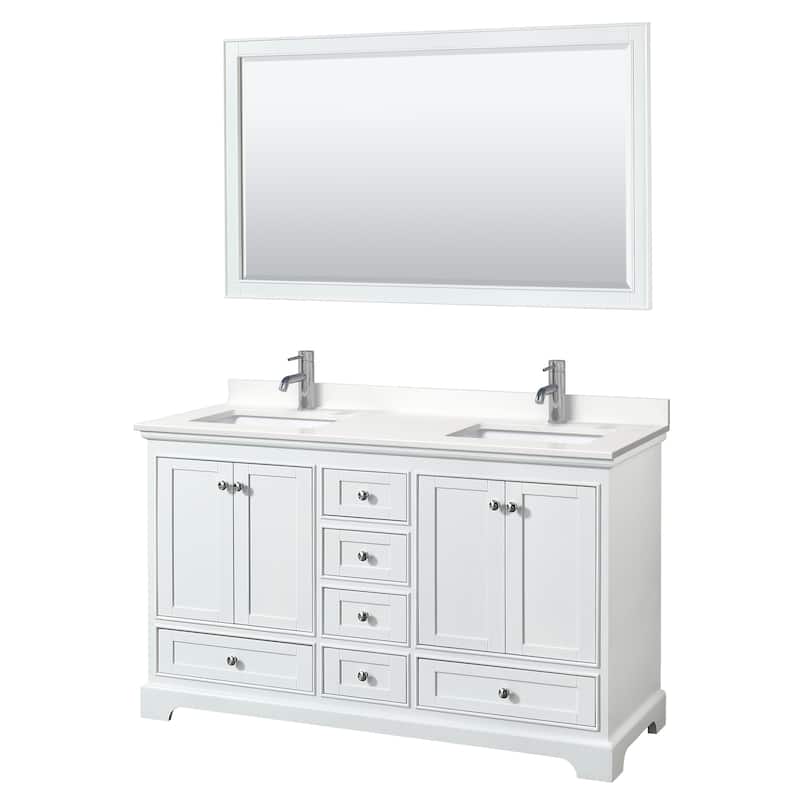 Deborah 60-inch Double Vanity, Quartz Top, 58-inch Mirror - White, Chrome Trim, White Quartz Top