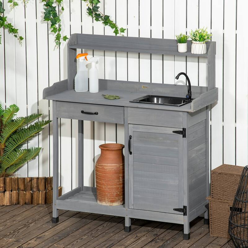Outsunny Potting Bench Table with Faucet, Sink, Hooks and Storage Cabinet, Outdoor Prep Table Gardening Bench - Grey