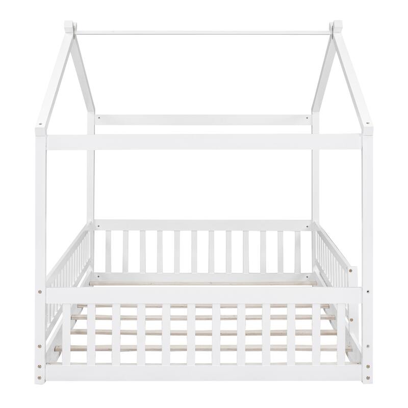 Twin/Full Wood House Bed with Fence, Playhouse Design for Kids and Teens, Easy Assembly