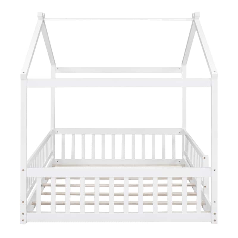 Wood Bed House Bed Frame with Fence for Kids