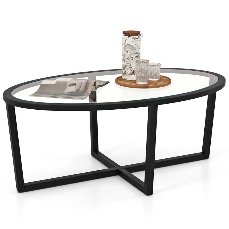Gymax Modern Glass Coffee Table w/ Cross Base & Acacia Wood Legs for - Black - Glass
