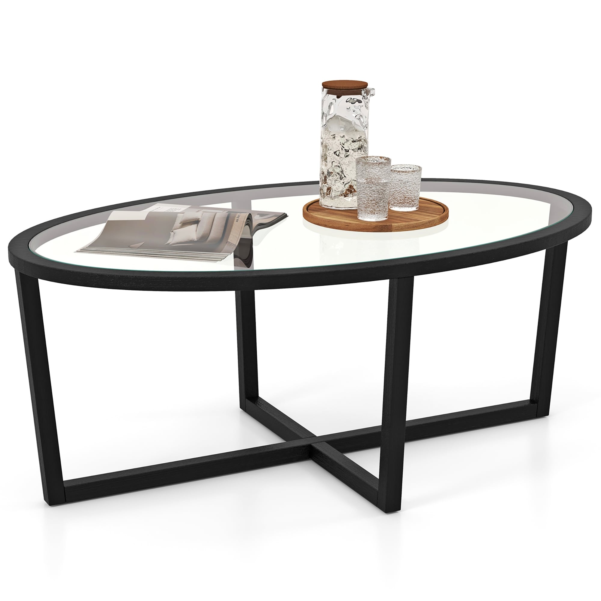 Gymax Modern Glass Coffee Table w/ Cross Base & Acacia Wood Legs for