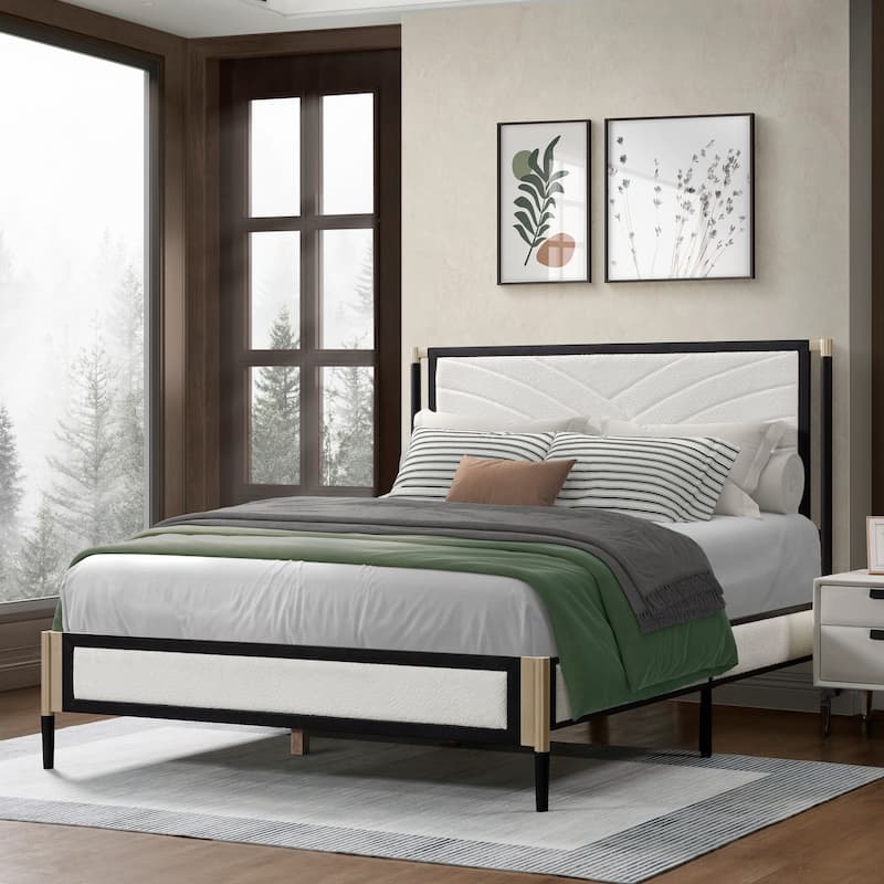 Queen Bed with White Boucle fabric Headboard - White+Black