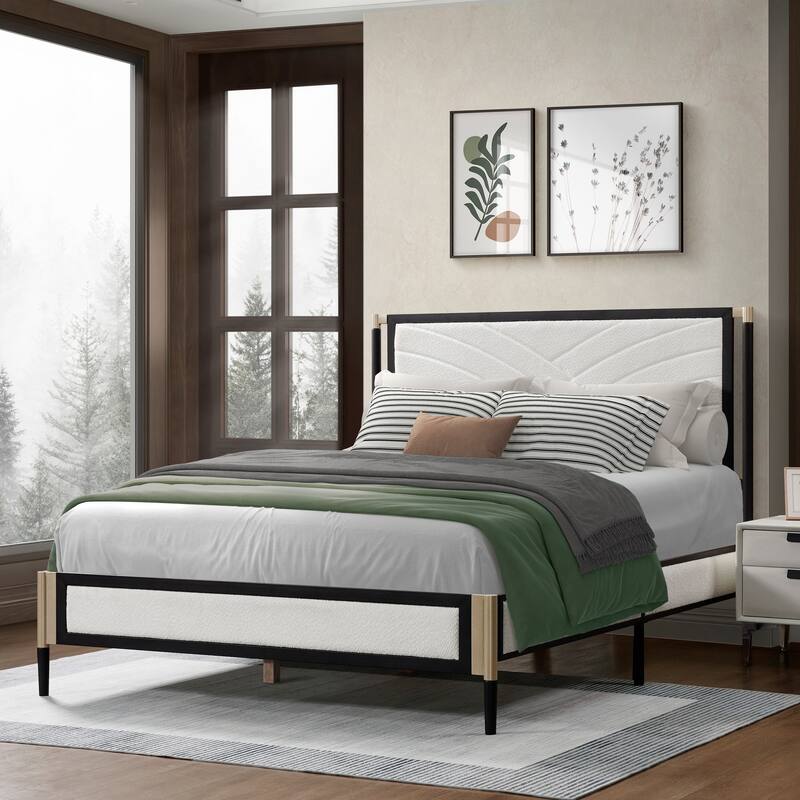 Roomfitters Metal Platform Bed Frame with White Boucle Headboard and Wood Slats, White and Black