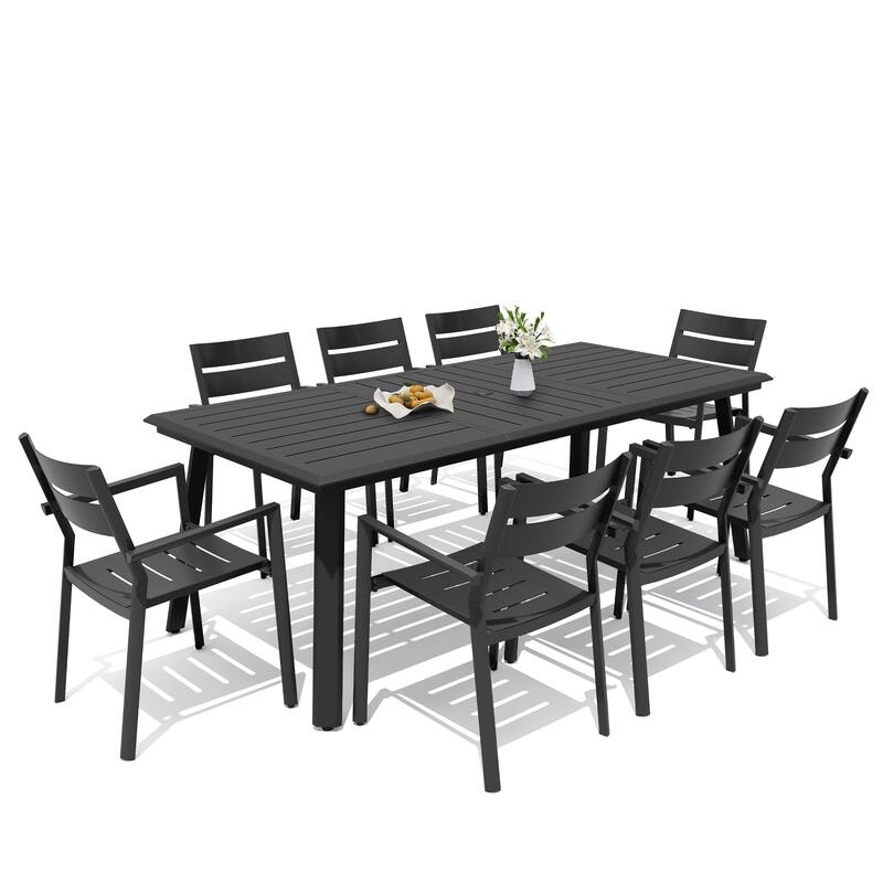 7/9/11/13-Piece Patio Dining Set Outdoor All-Weather Aluminum Dining Table with Umbrella Hole and Stackable Chairs