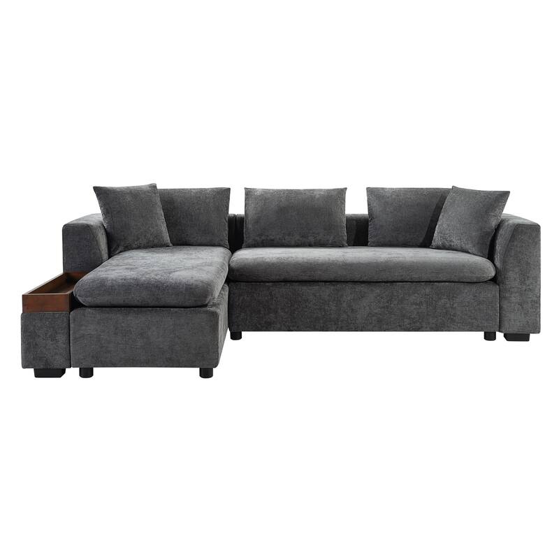 L-Shaped Sectional Sofa with Chaise Lounge, Chenille Upholstered Sleeper Couch with Wooden Storage Compartment & Throw Pillows