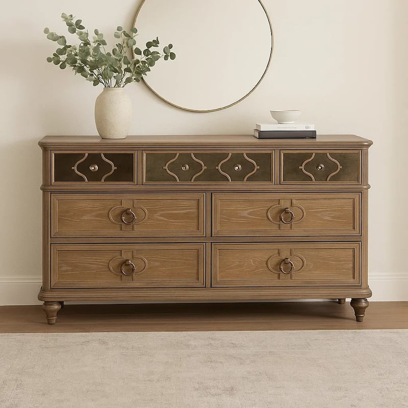 Lyla 7 Drawer Wide Dresser, Rustic Oak Solid Wood, Antique Mirror Panels
