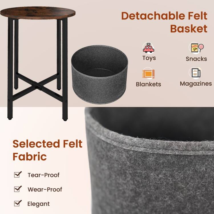 2-Tier Round End Side Table with Metal Frame and Removable Fabric Basket