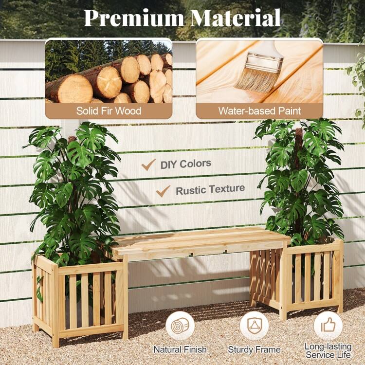 Natural Fir Wood Outdoor Bench with Planters 2-in-1 Patio Seating - 68" x 16" x 19"