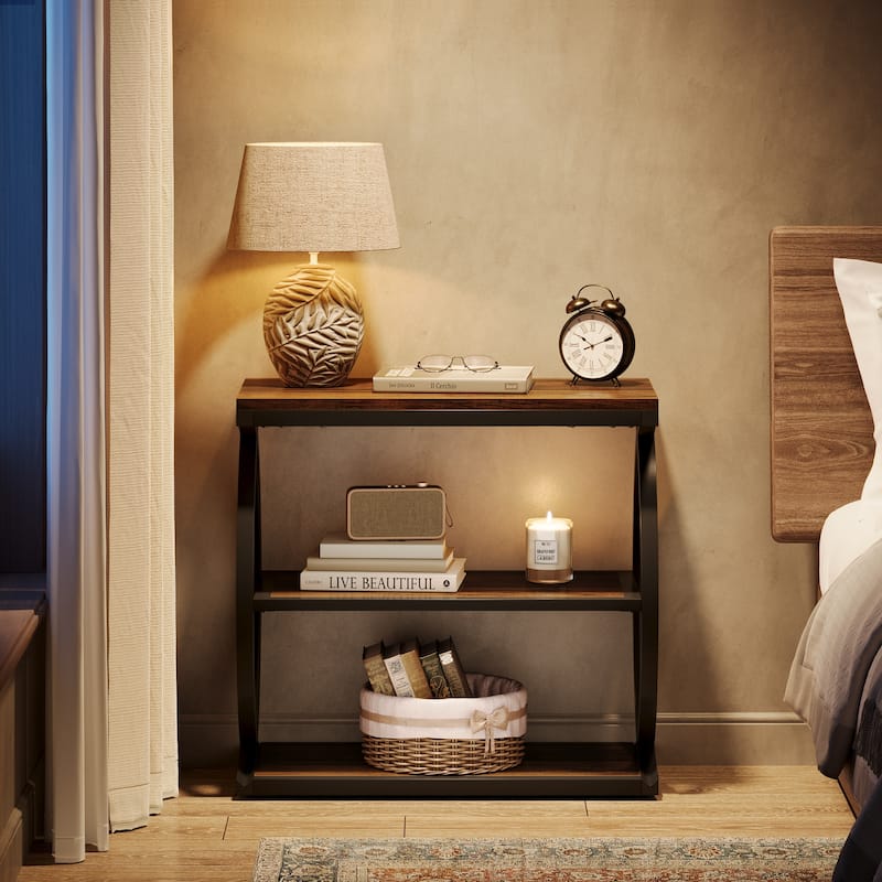 Small 3-Tier End Table for Living Room, Industrial Wooden Side Table with Metal Frame, Rustic Brown