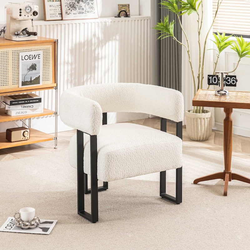 Upholstered Teddy Velvet Single Accent Chair Modern Corner Padded Boucle Armchair for Living Room Bedroom Lounge - White