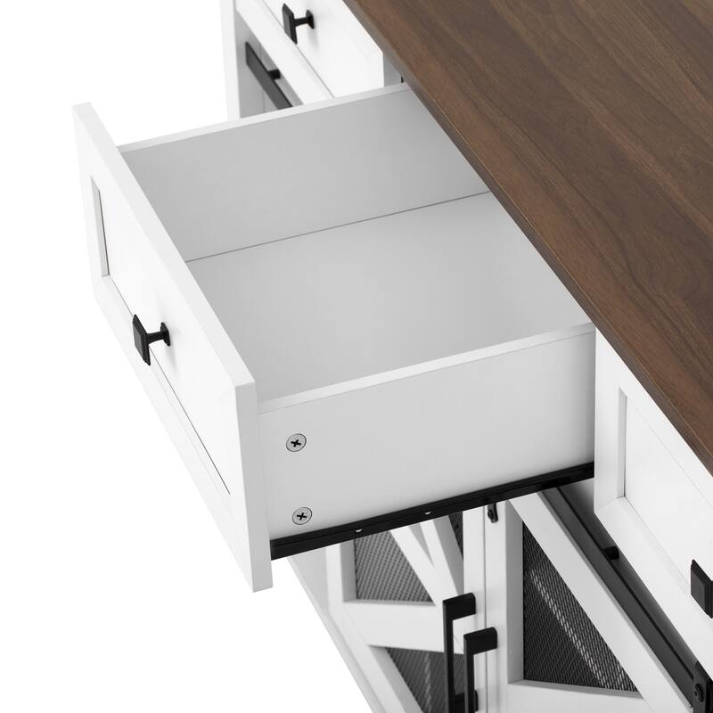 Sliding Barn Door Sideboard with 3 Drawers and Adjustable Shelves, Buffet Cabinet with Metal Mesh and Aluminum Handles