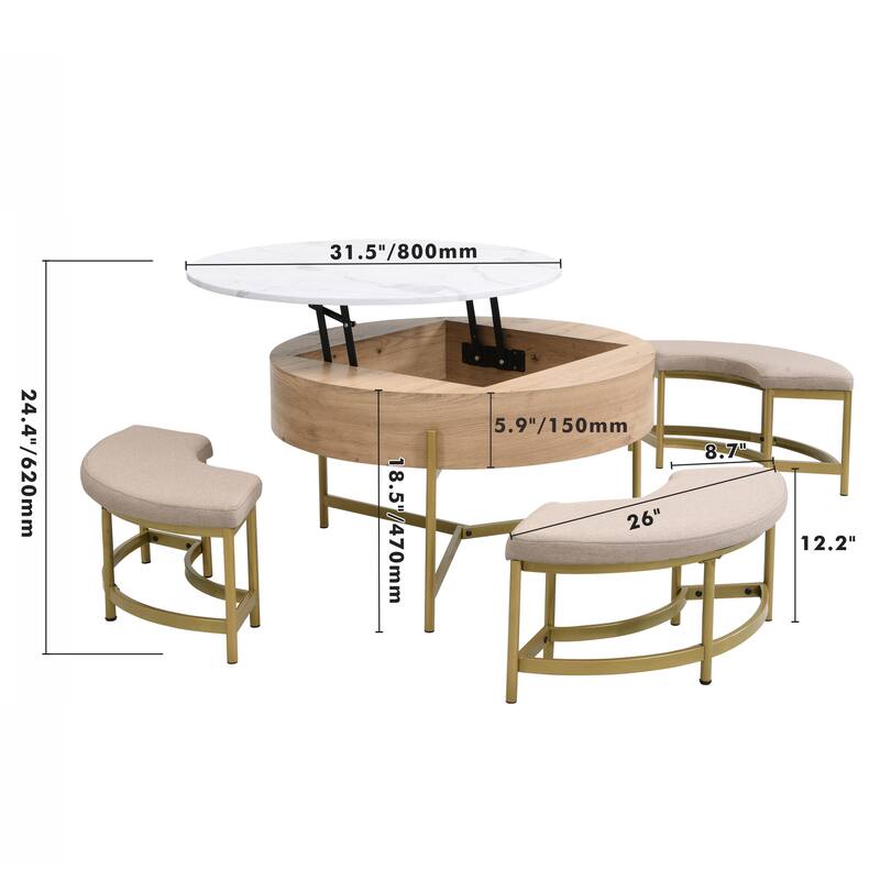 Roomfitters Modern Round Lift-Top Coffee Table with Hidden Storage, 3 Upholstered Ottomans