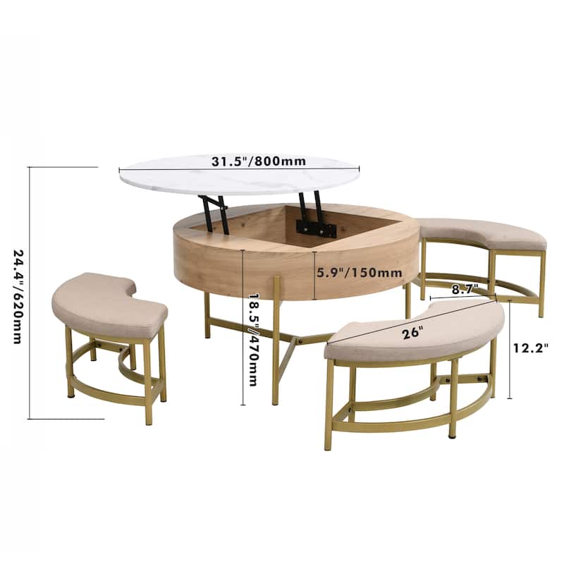 Round Lift-Top Coffee Table with Storage and 3 Ottoman