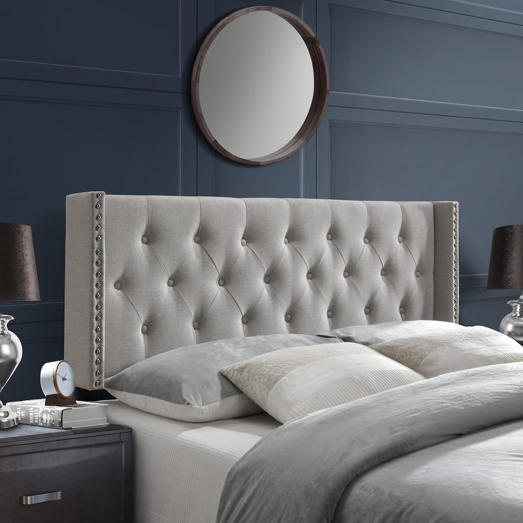 Savoy Beige or Grey Button-tufted Wingback Adjustable Queen Headboard