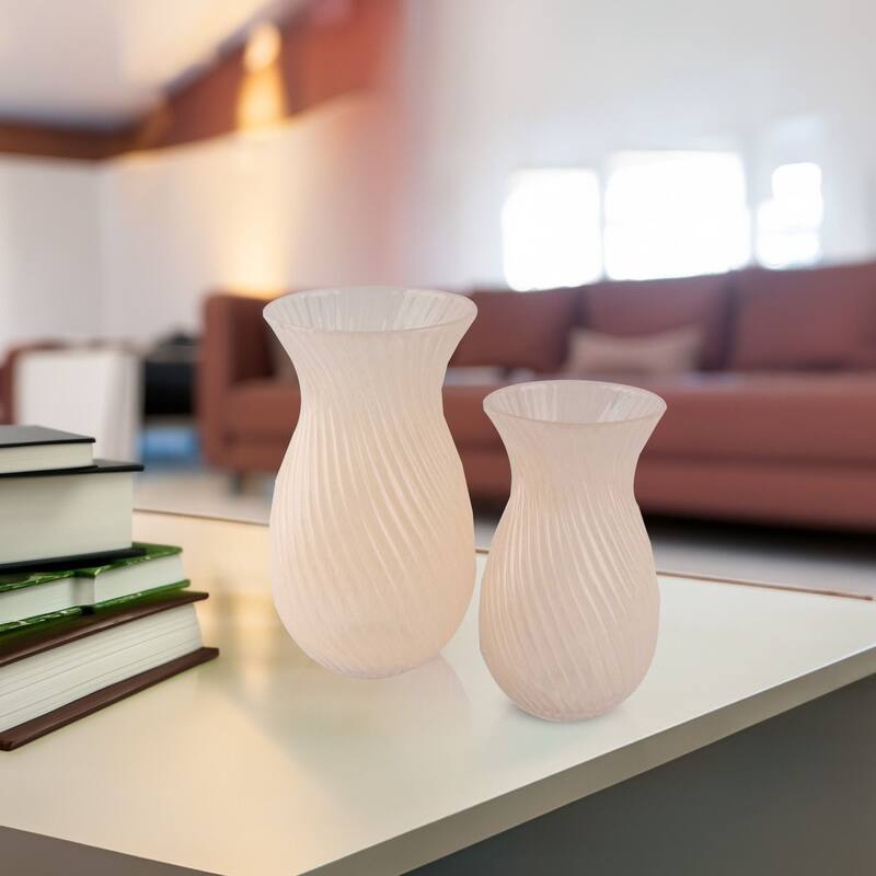 Frosted Glass Tulip Table Vases, Set of 2 with Swirl Pattern Design