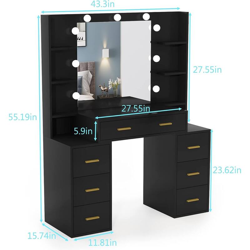 43'' Makeup Vanity with 3 Color Light, Charging Station, Storage Shelves, 7 Drawers