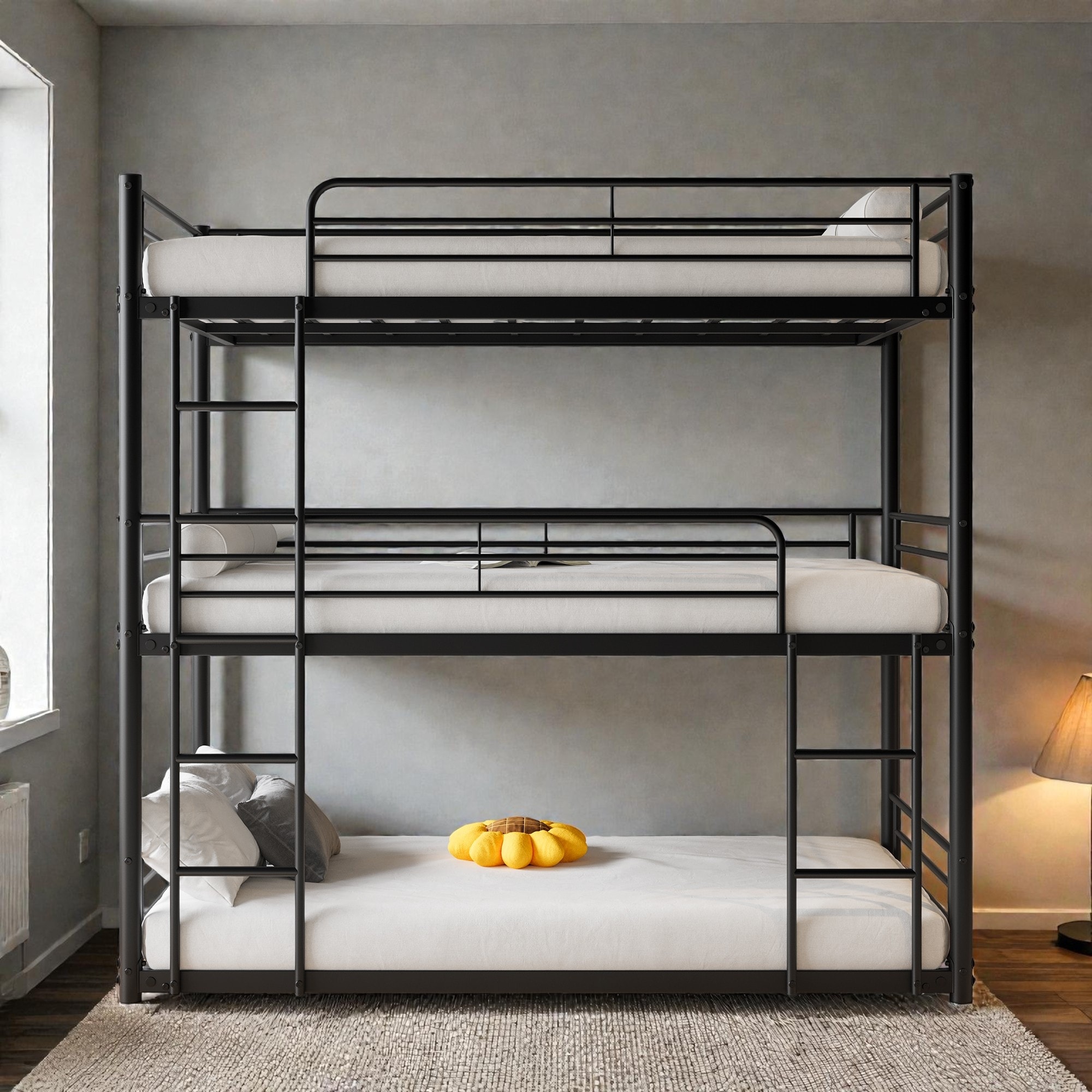 Twin Over Twin Over Twin Metal Triple Bunk Bed with Guardrails and Dual Ladders, Space Saving Frame, No Box Spring Needed
