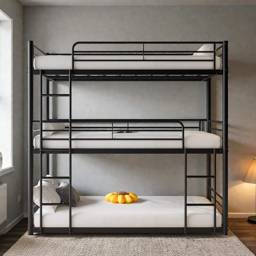 Twin Over Twin Over Twin Metal Triple Bunk Bed with Guardrails and Dual Ladders, Space Saving Frame, No Box Spring Needed