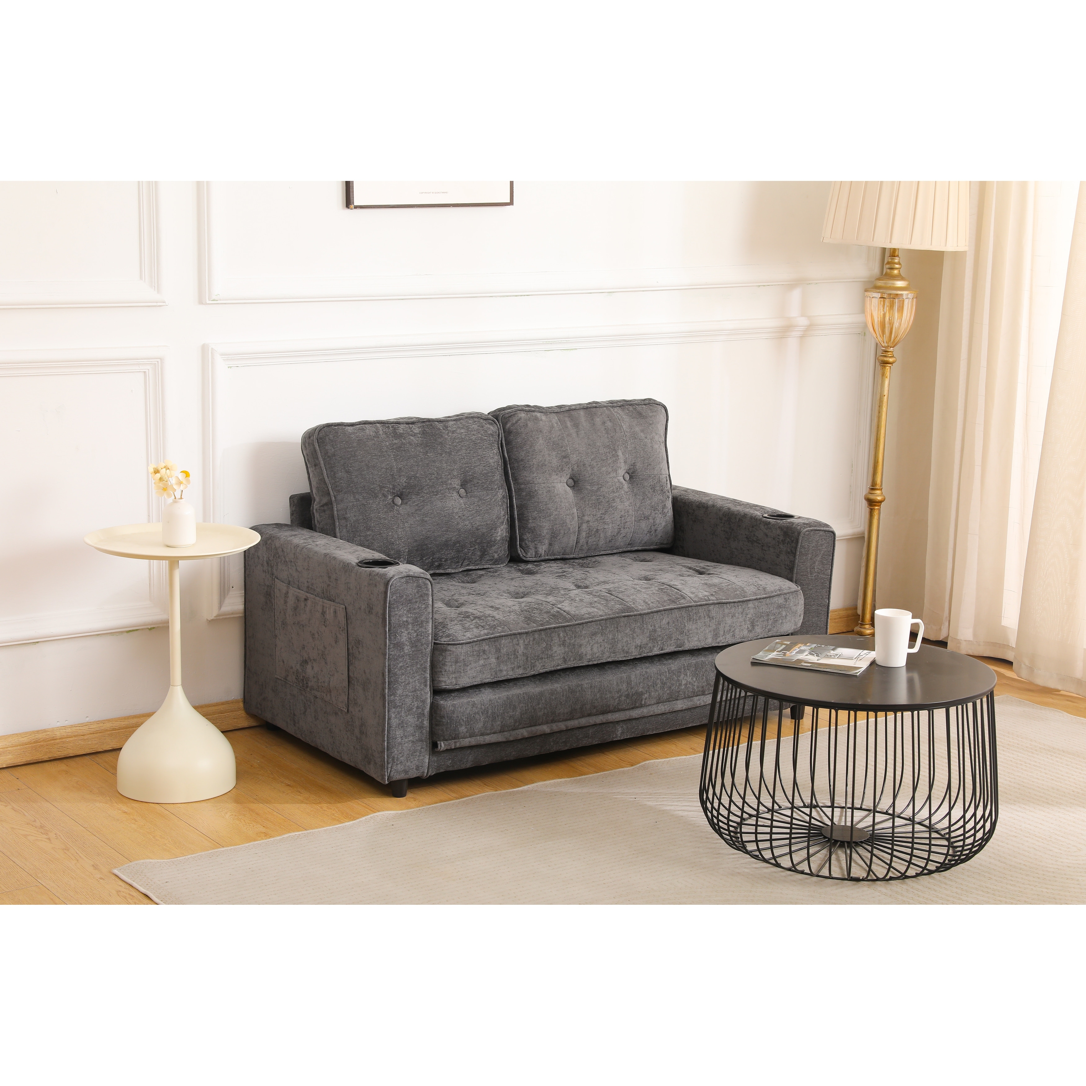 Dark Gray Pull-Out Sofa Bed Convertible Loveseat Sleeper Sofa Couch with Storage Bags for Living Room