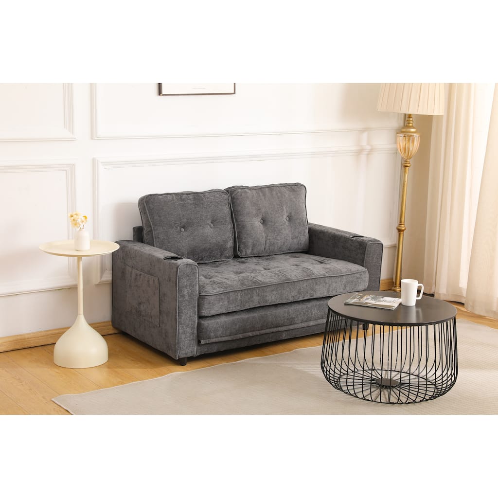 Sofa Bed with Pull-Out Straps, Velvet Sleeper Sofa with Side Storage Bags, Convertible Lounge Chaise Loveseat Daybed